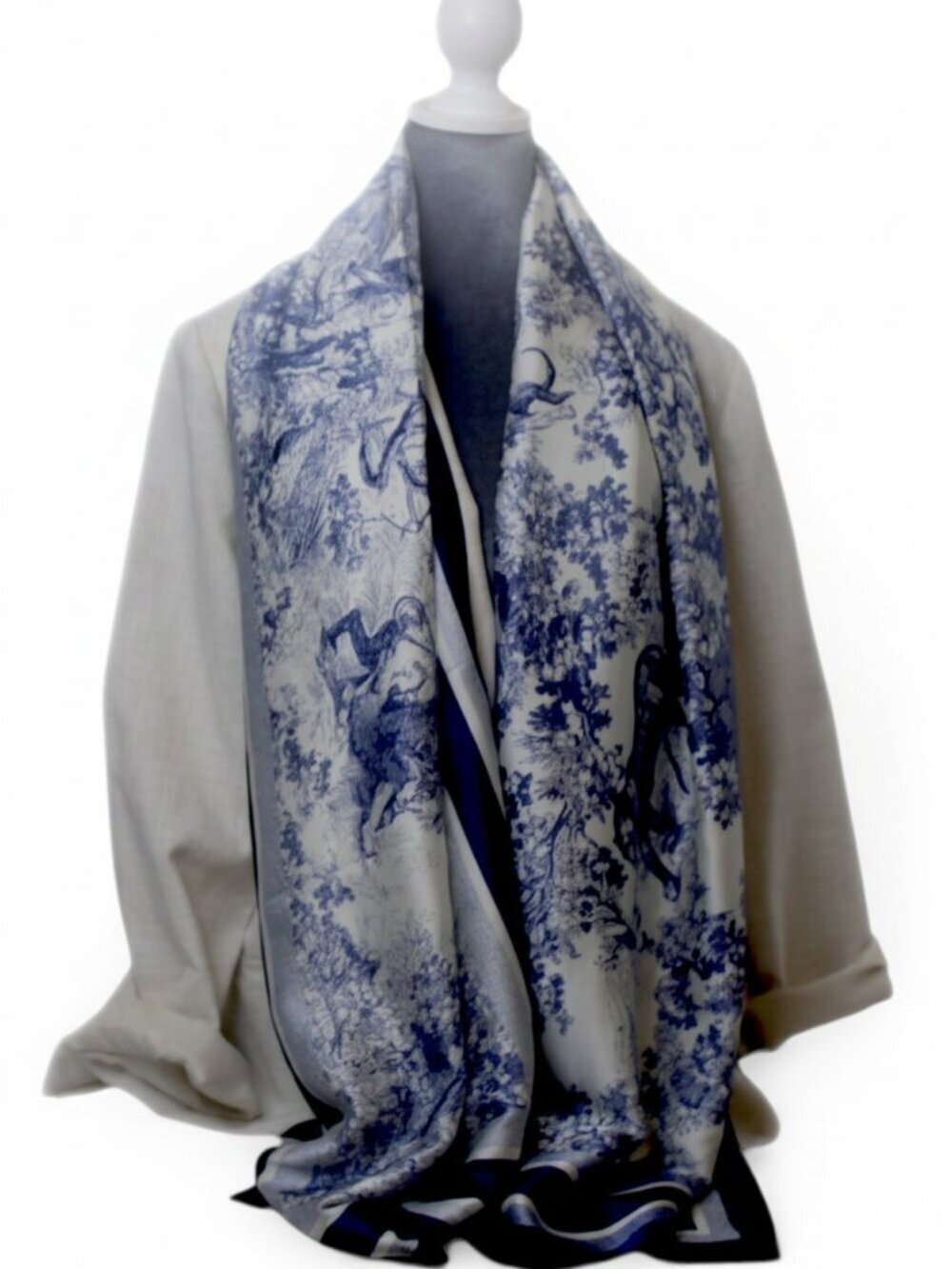 NWT Blue Cream Toile Animal Print Imitation Silk Scarf Wrap Quiet Luxury
